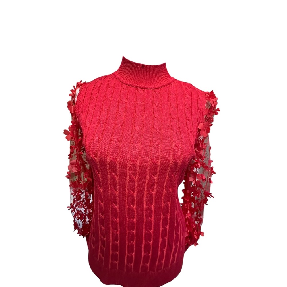 Red Cable Knit Sweater with Floral Mesh Sleeves - Elegant Mock Neck‎ Top